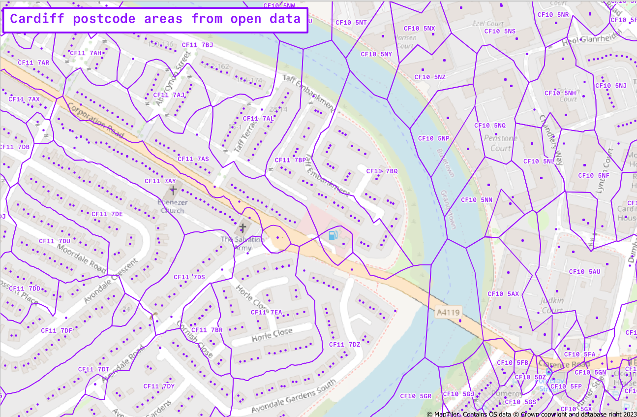 Postcode area polygons for part of Cardiff