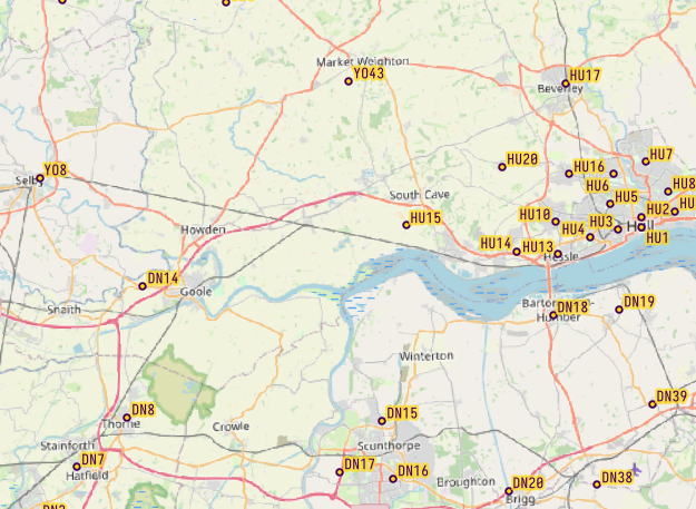 Sample image of mean centres for UK postcode areas